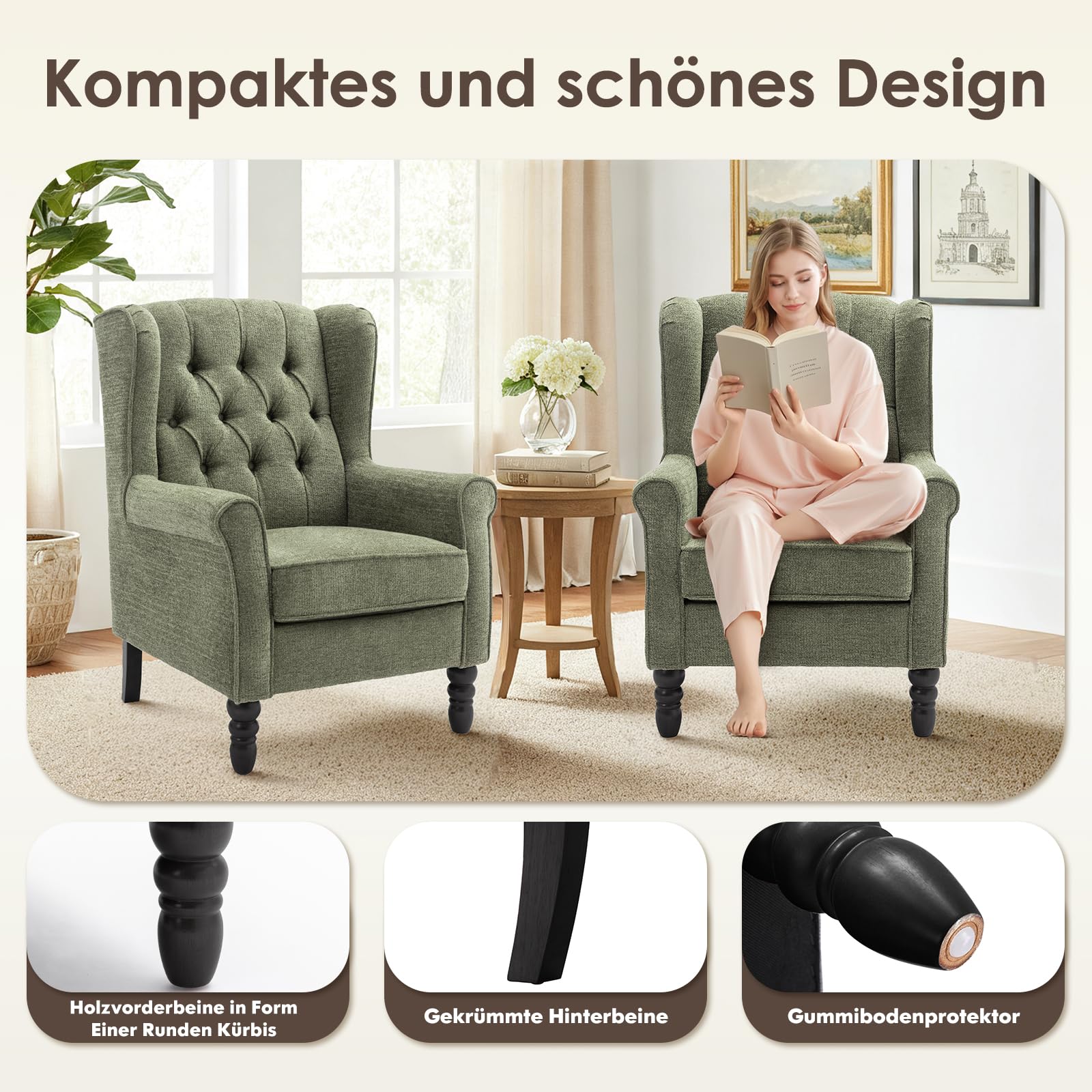 COLAMY Mid-Century Modern Sessel Wohnzimmer, Gepolsterter Wingback-Sessel mit Knopfsteppung, loungesessel Bezug aus Gewebe mit Massivholzbeinen für Wohnzimmer, Büro, Café - Grün