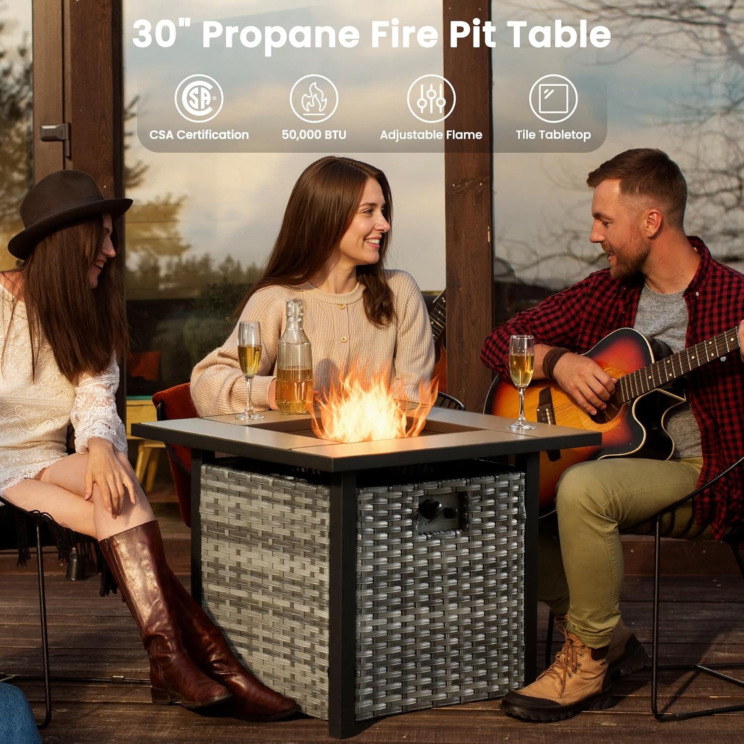 ovios 7 Pieces Patio Furniture Set with Square Fire Pit Table, Swivel Rocking Chairs, Outdoor High Back Wicker Rattan Conversation Set for Deck Porch, Denim Blue