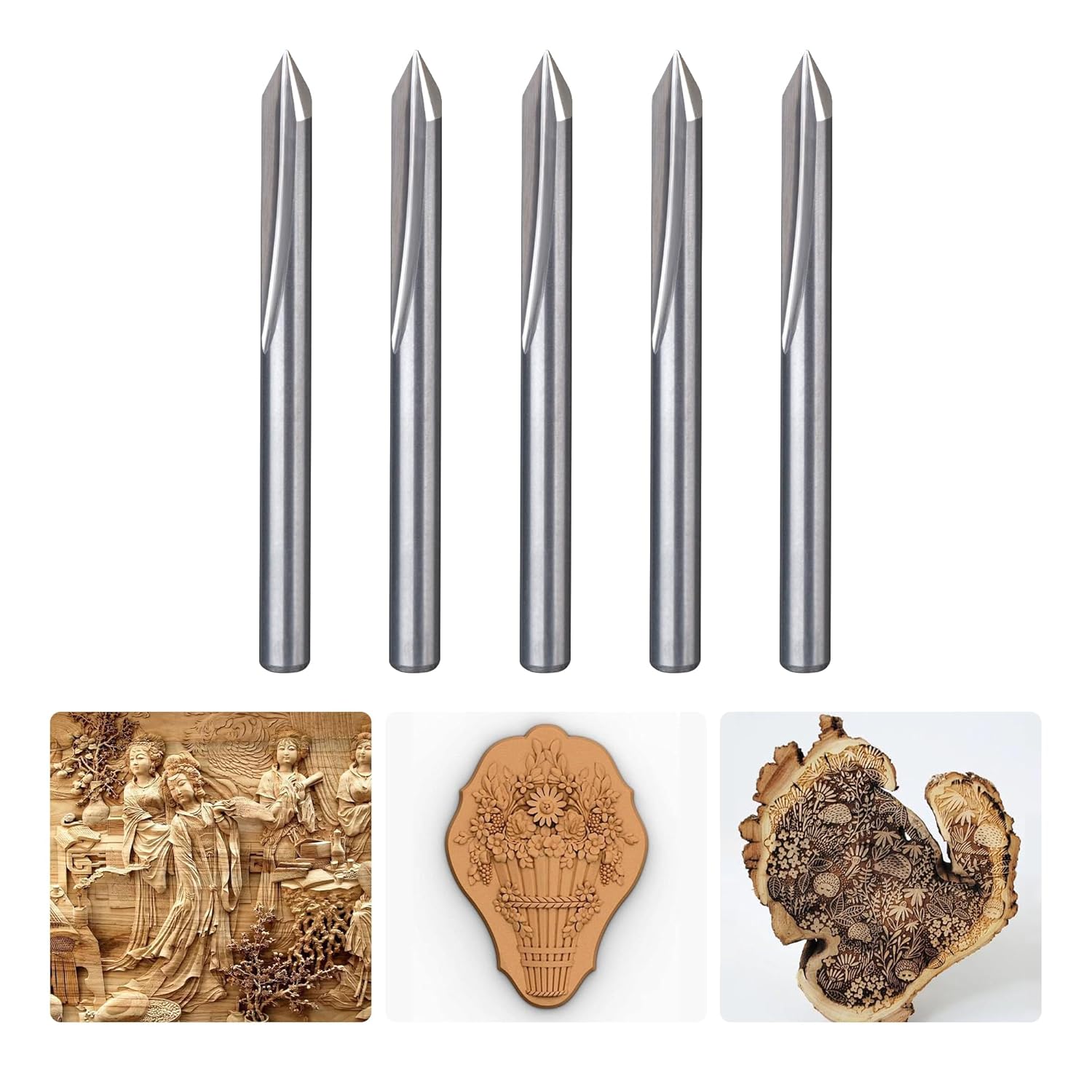 HUHAO 5PCS CNC Wood Carving Router Bit Set,60 Degree Engraving 1/8 Inch Shank V Bit 2 Flute 0.1mm Tip Carbide V Bit for Acrylic Metals Wood MDF PVC