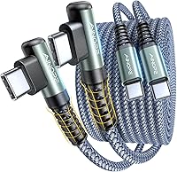 AINOPE 60W USB C to USB C Cable 2Pack 6.6ft Right Angle Fast Charging for iPhone 17/16 Pro Max, Samsung S25, iPad Pro - Durable Nylon Braided