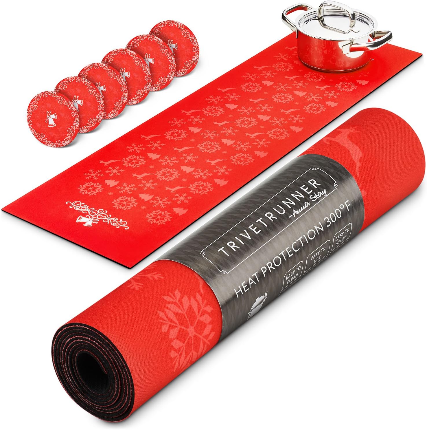 TRIVETRUNNER Red Set Christmas Coasters :Decorative Trivet and Kitchen Table Runners Handles Heat Up to 300F, Anti Slip, Hand Washable, and Convenient for Hot Dishes and Pots (Red+Coasters)