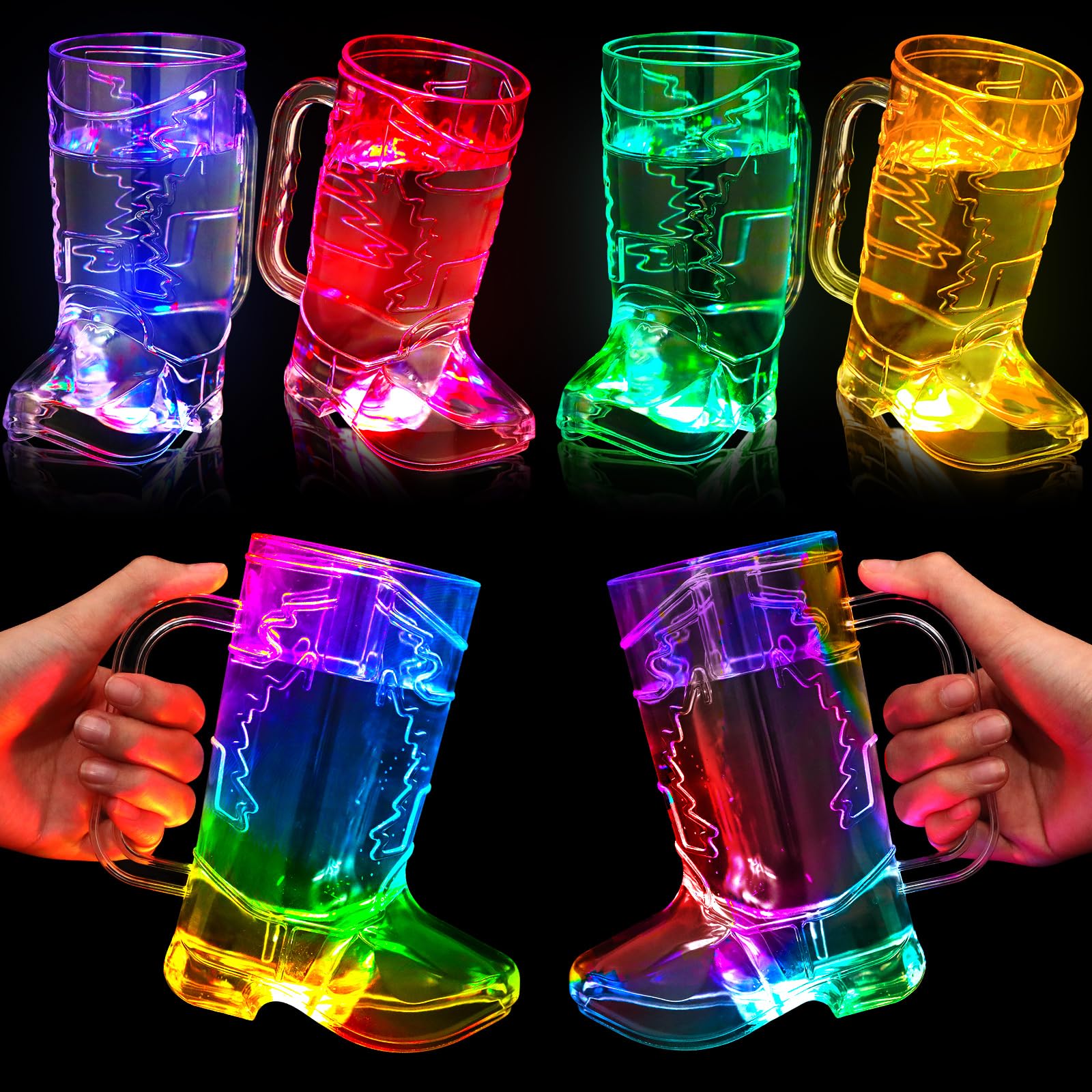Sieral 6 Pcs Large Cowboy Boot Cups Light Up 16 oz LED Plastic Cowboy Shot Glasses Cowgirl Drink Mugs with Handle for Rodeo Birthday Party Western