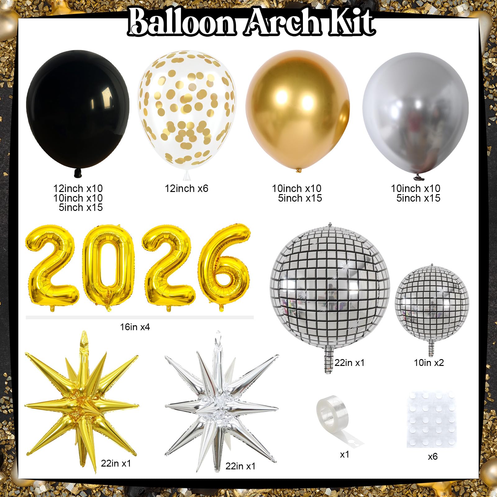 2026 czarny i złoty zestaw girlandy balonowej, czarno-złoty, srebrny, łuk balonowy noworoczny 2026, dekoracje noworoczne, balony z gwiazdą, balony na Nowy Rok, ukończenie szkoły, dekoracje na