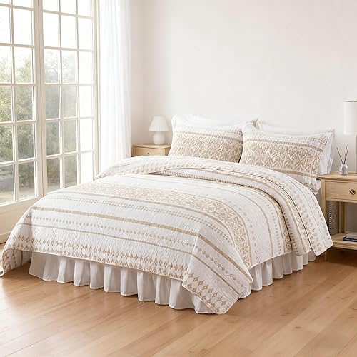 Miniatura 2 de Qiqiong Juego de ropa de cama tamaño King, 100% algodón, a rayas, bohemio, reversible, bohemio, acolchado, juego de ropa de cama, juego de ropa de