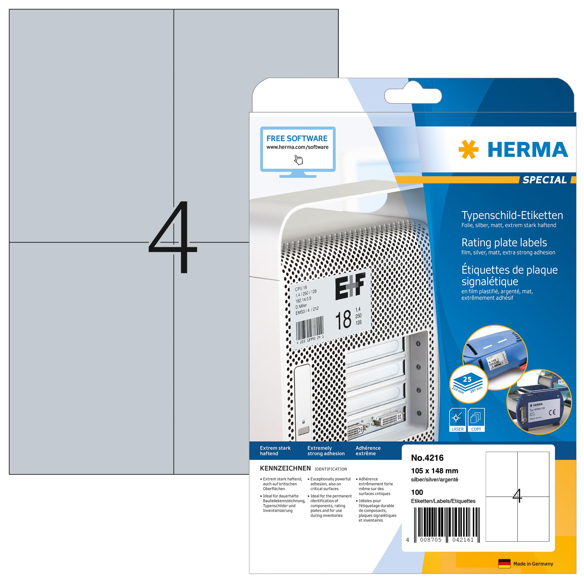 Herma 4216 - Pack de 100 etiquetas, 105 x 148 mm, color plateado