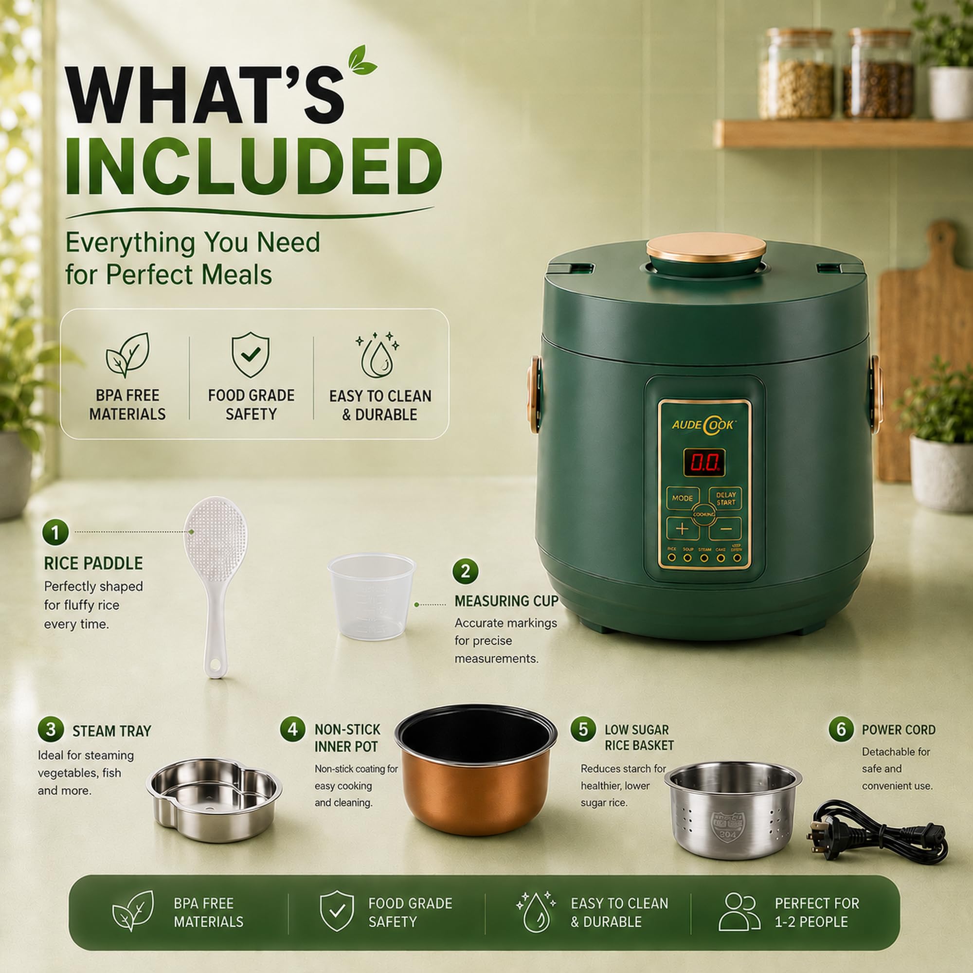 Audecook Cuociriso Elettrico 1.2L con Funzione di Low Sugar e Vaporiera Per 1-2 Persone, 5 Programmi Multicooker, Pentola Rice Cooker Mini con Funzione di Mantenimento In Caldo, Timer (Verde)