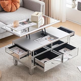 VINGLI Mirrored Lift Top Coffee Table, Assembled Modern Coffee Table wit...