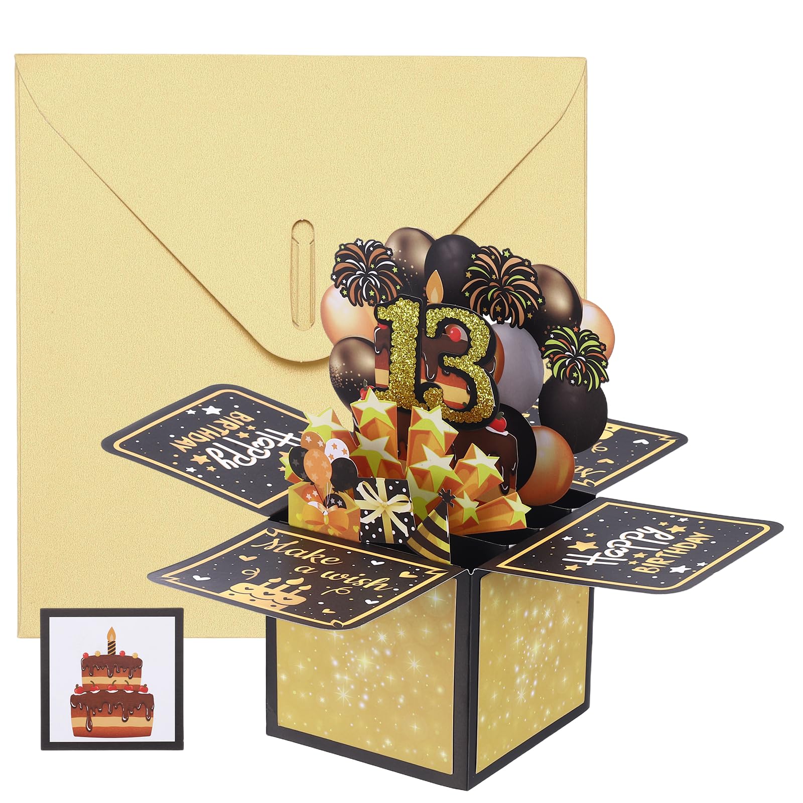 YOKIVE 1 Pcs 3D Birthday Card, 13th Fold Out Birthday Card with Envelope and Small Card for Birthday Party Anniversary Celebration Surprise Greeting Gift, Black Gold Tone — image 1