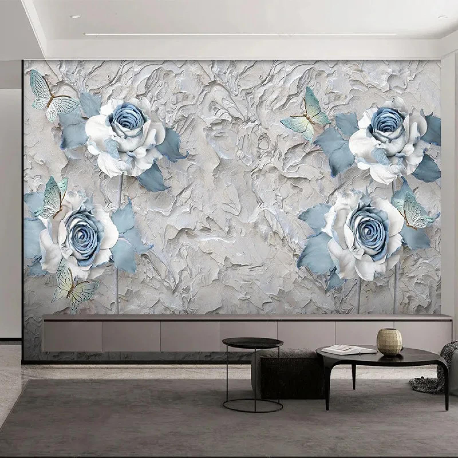 Papier peint 3D fleurs bleues pour une chambre parentale zen