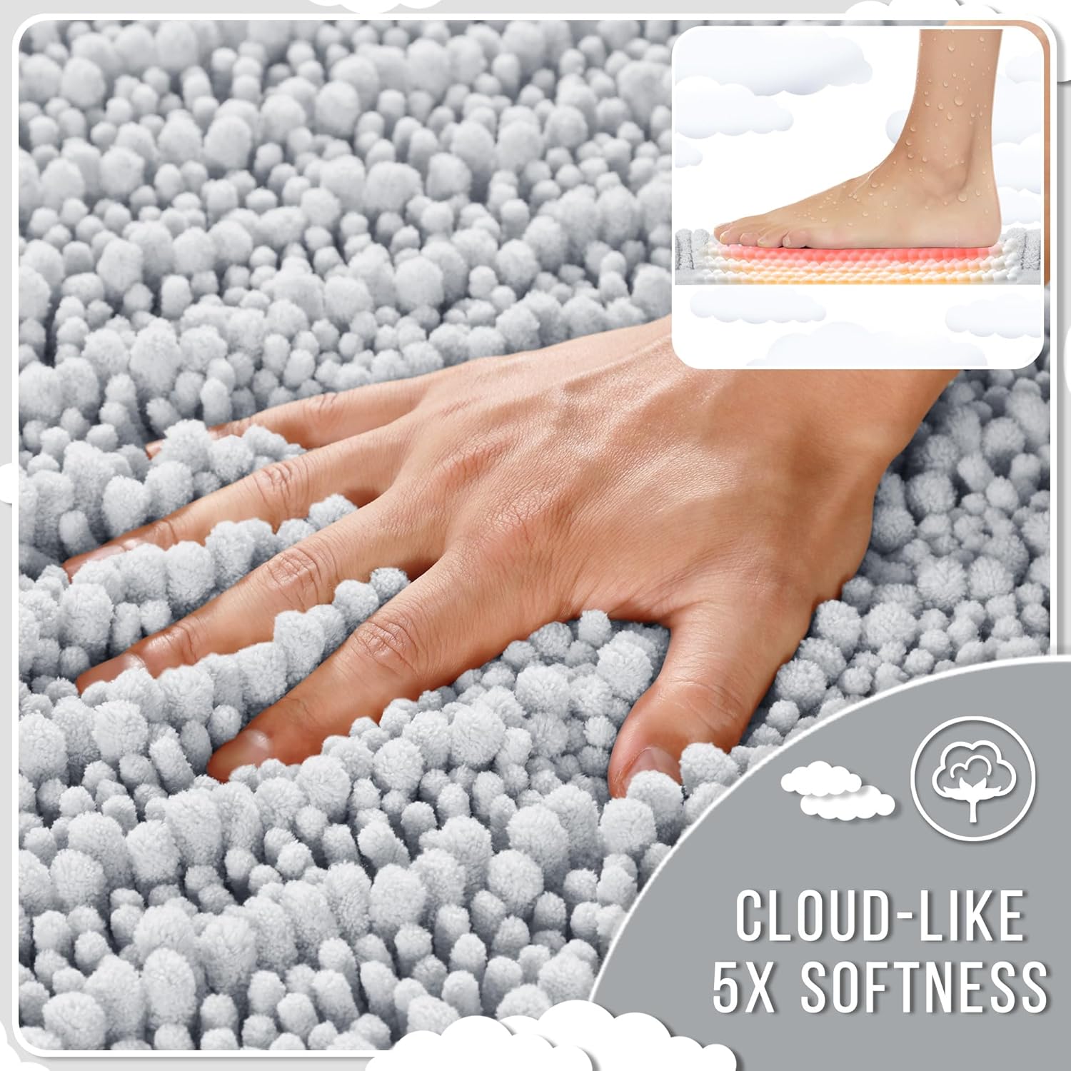 Yimobra Bathroom Rugs Sets 2 Piece - Quick Dry Extra Thick Luxury Chenille Bath Mat, Non Slip Super Absorbent for Tub Shower Sink, Machine Washable Shaggy Floor Mat, 32"x20"+24"x17" Inch, Silver - Image 3