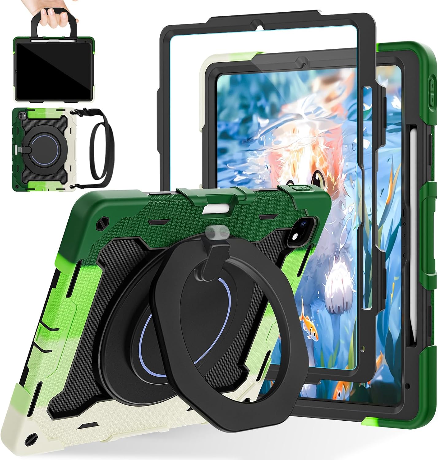 ROISKIN for iPad Pro 13 Inch Case M4 7th Generation for Kids with 360 Kickstand Handle, HD Screen Protector,Shoulder Strap,Pen Holder [15FT Drop Protection] Heavy Duty Military Case for iPad Pro 13 Black-Green (with Pen Holder) iPad Pro 13 inch