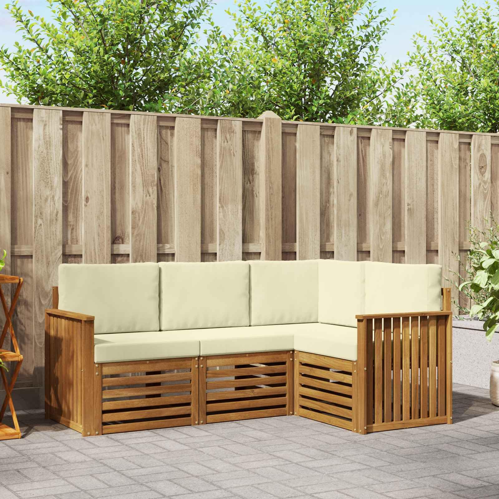 Sofagarnitur 4-TLG aus Massivholz Akazie in Natur und Creme wetterfestes Gartenmöbelset für Terrasse Balkon und Outdoor-Wohnbereich mit modularer Konfiguration und langlebigem Design