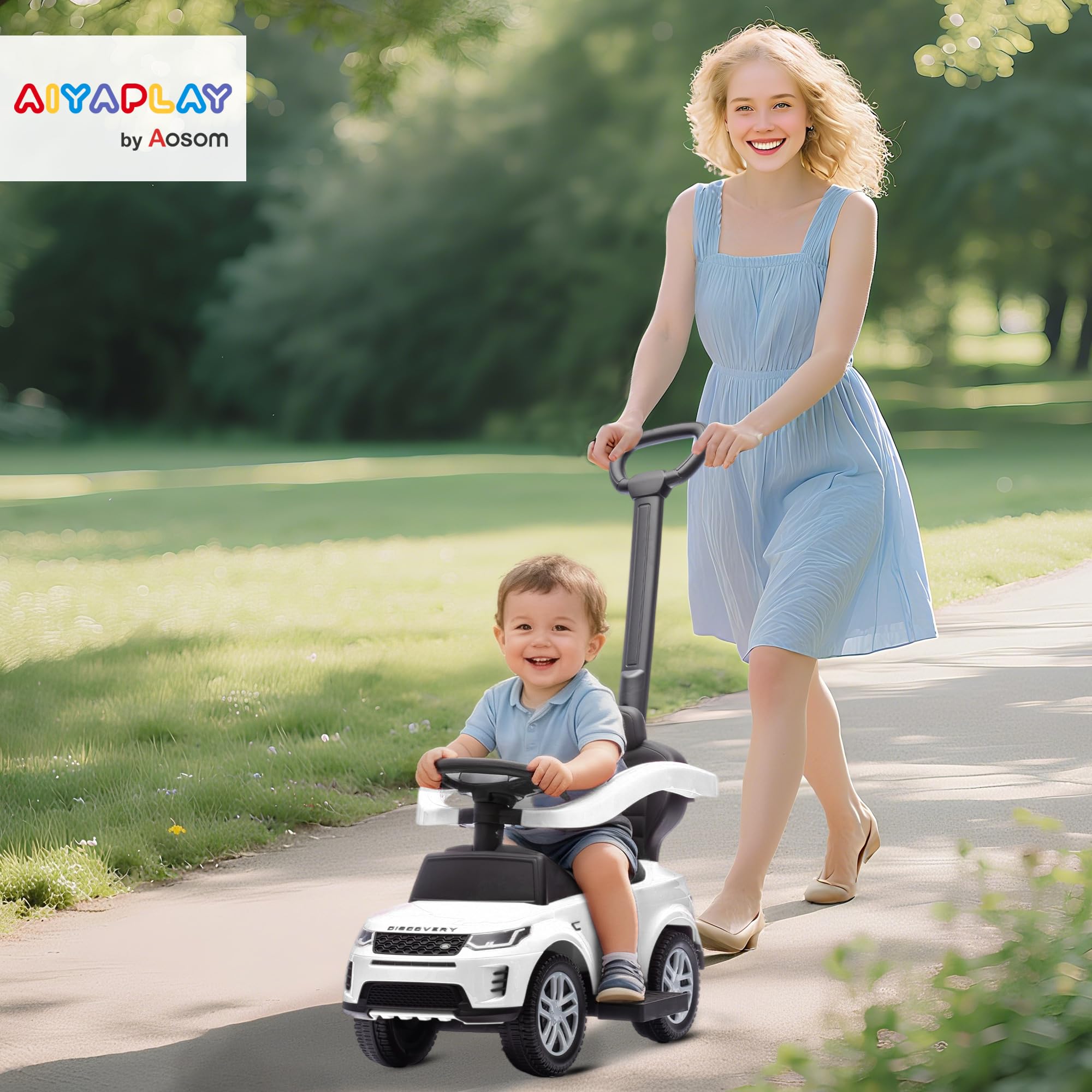 AIYAPLAY Macchina Primi Passi Cavalcabile per Bambini 1-3 Anni Licenza Land Rover Discovery con Maniglione e Barriera a 360°, Passeggino per Bambini in PP e Acciaio, 84x40x94.5 cm, Bianco