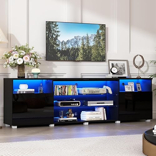 Miniatura 10 de Soporte de TV negro LED de alto brillo para TV de 55/60/65 pulgadas, moderno centro de entretenimiento LED con estantes de almacenamiento