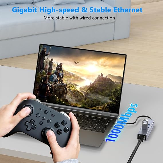 USB to Ethernet Adapter, 4 in 1 Gigabit LAN Network Adapter with 3 x Type-A3.0, USB Hub with Ethernet, RJ45 to Type-A Cable for Laptop, Compatible with Windows, Mac OS, Linux, Surface and More