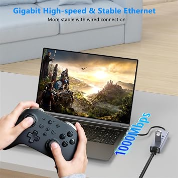 USB to Ethernet Adapter, 4 in 1 Gigabit LAN Network Adapter with 3 x Type-A3.0, USB Hub with Ethernet, RJ45 to Type-A Cable for Laptop, Compatible with Windows, Mac OS, Linux, Surface and More