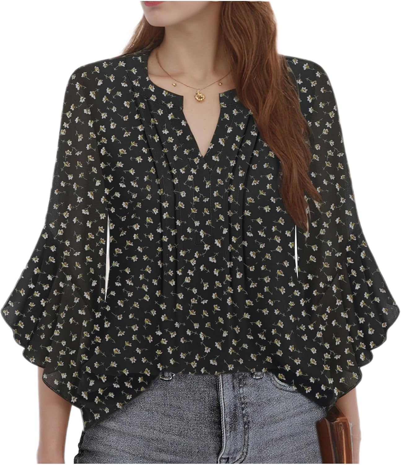 3/4 Sleeve Tops for Women - Dressy Casual Business Work Blouses Fashion Office Shirts Chiffon V Neck Womens Shirts - Image 2