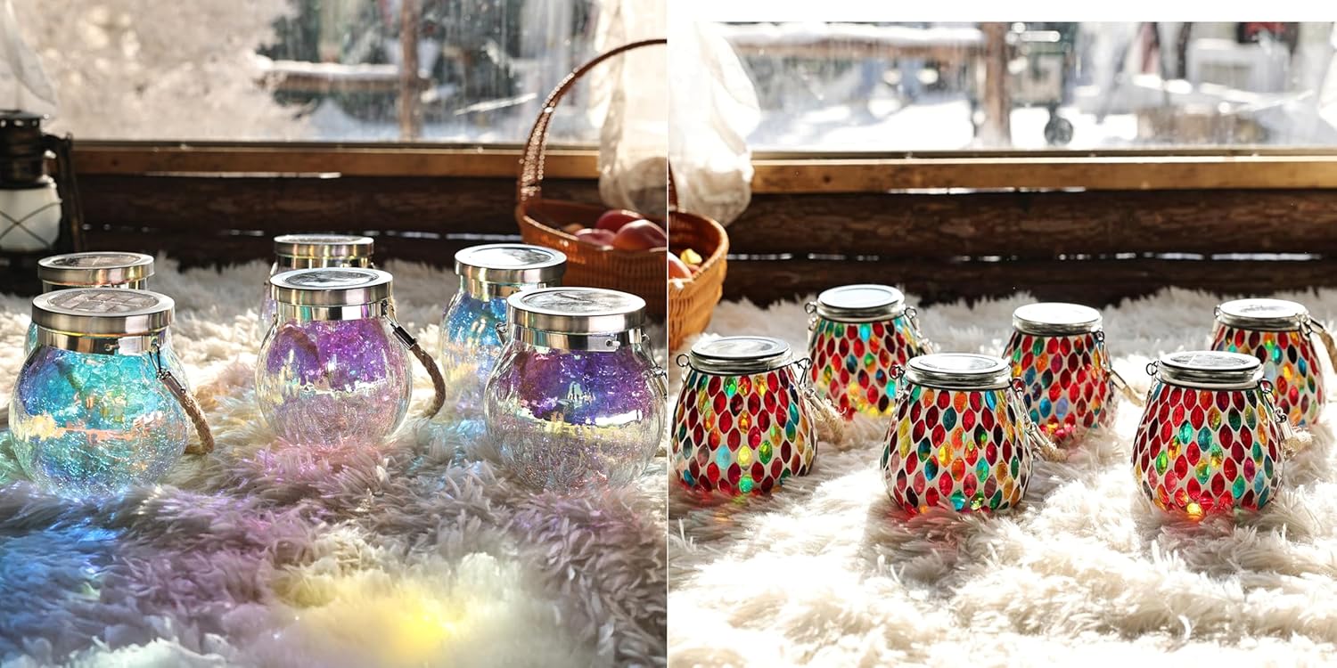 Cooo 2 Pack Mosaic Solar Lantern and 2 Pack Heavy Iridescent Crackle Glass Solar Lantern
