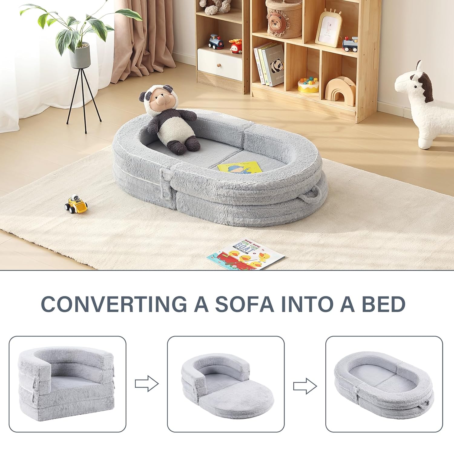 Welnow Travel Toddler Bed, 3-in-1 Convertible Toddler Portable Floor Beds, Kids Flip Out Foldable Sofa Bed with Washable Cover & High-Density Foam for Girls and Boys, Grey