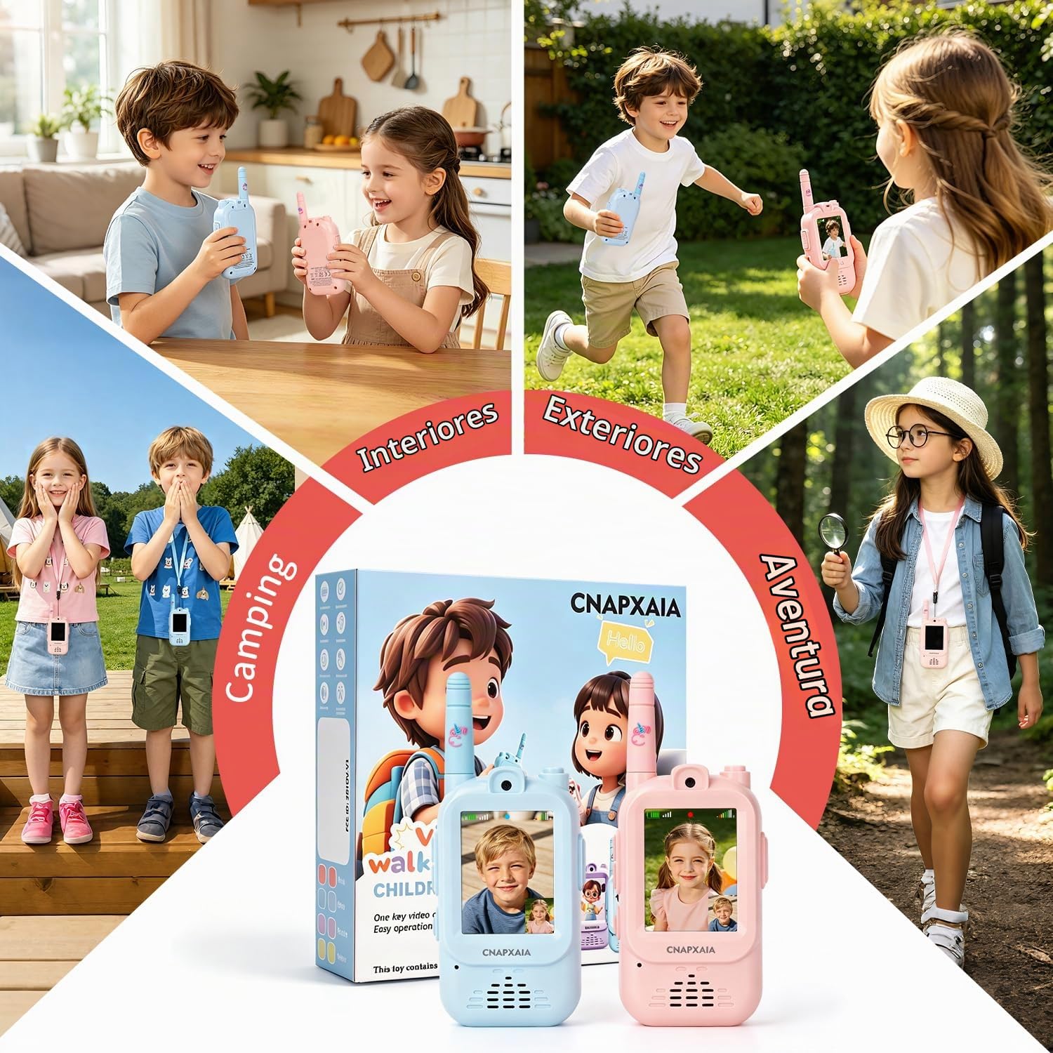 Walkie Talkie Niños con Cámara y Video en Tiempo Real, Juguete Interactivo con Emojis, Stickers y Efectos de Voz, Conexión Automática Sin Internet, Pack de 2 para Niños y Niñas 3-10 Años (Azul/Rosa)