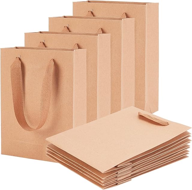 NBEADS 10 Pcs Small Kraft Brown Paper Bag Treat Candy Gift Bag Carrier Bags with Handles for Birthday, Wedding, Tea Party and Party Celebrations, 20x15x6cm