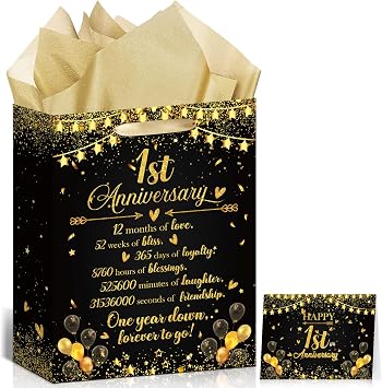 Happy 1st Anniversary Party Favor Bag Black Gold One Year Wedding Anniversary Wrapping Paper Bag with Tissue Paper and Greeting Card First Wedding Candy Goodies Treat Bags for Couple Wife Husband