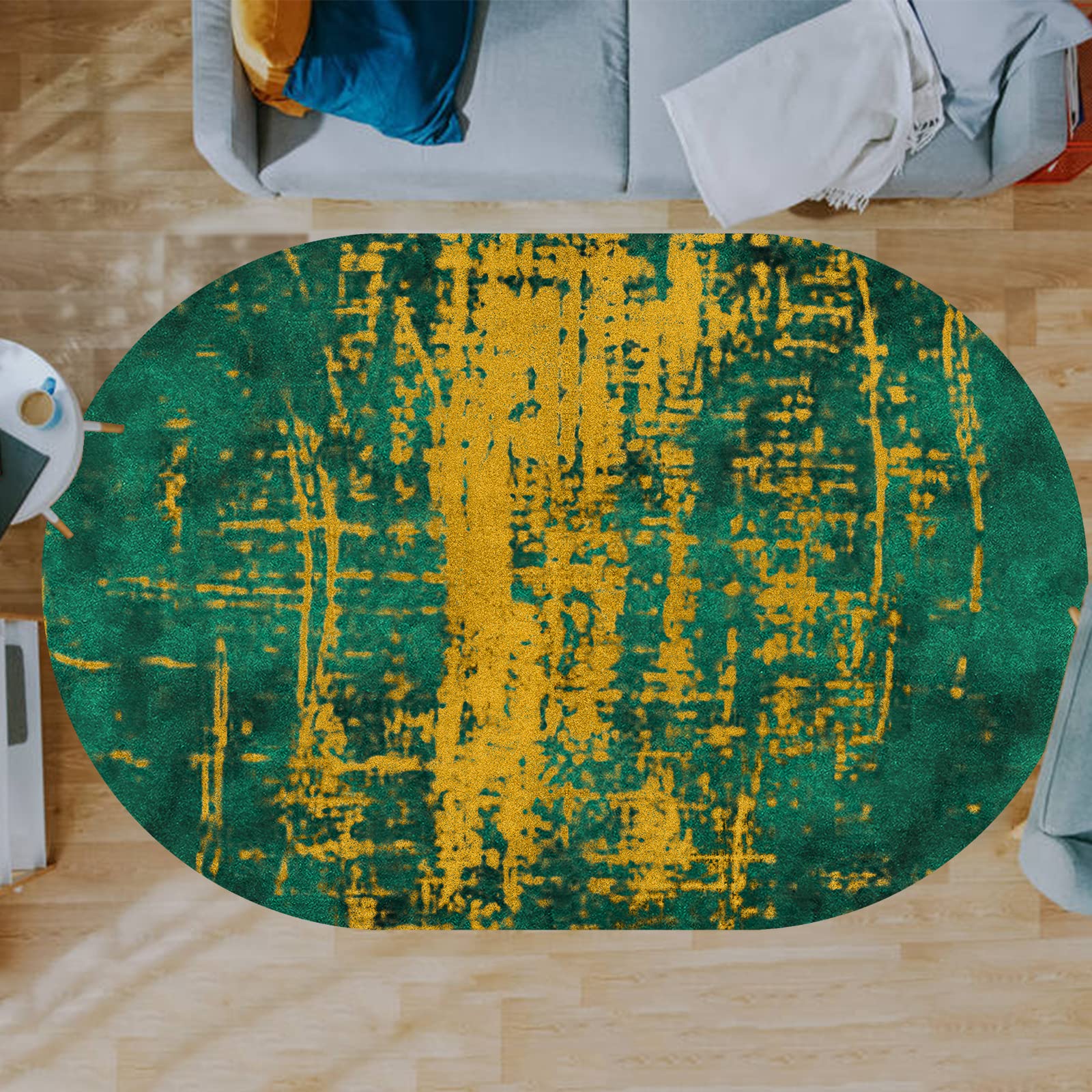 Tapis ovale abstrait moderne jaune et vert avec motif graphique 120 x 200 cm