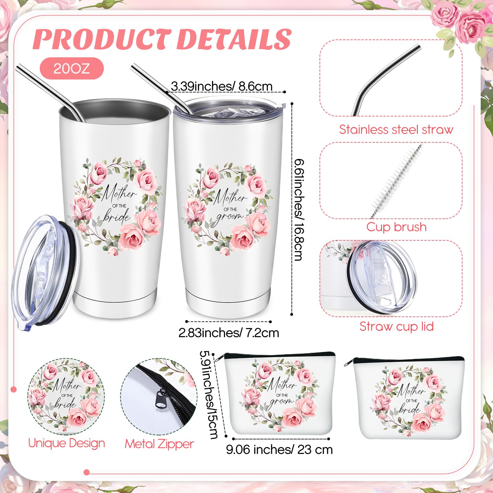 Hushee 2 Sets Mother of The Bride and Mother of The Groom Gifts Set Includes 20 oz Tumblers Canvas Tote Bags Cosmetic Bag Handkerchief Candle for Mom Bridal Shower Wedding Gifts