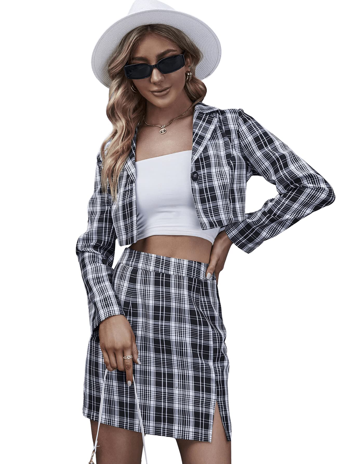 SweatyRocks Women's Business Suit 2 Pieces Tweed Blazer Jacket Coat and Skirt Set