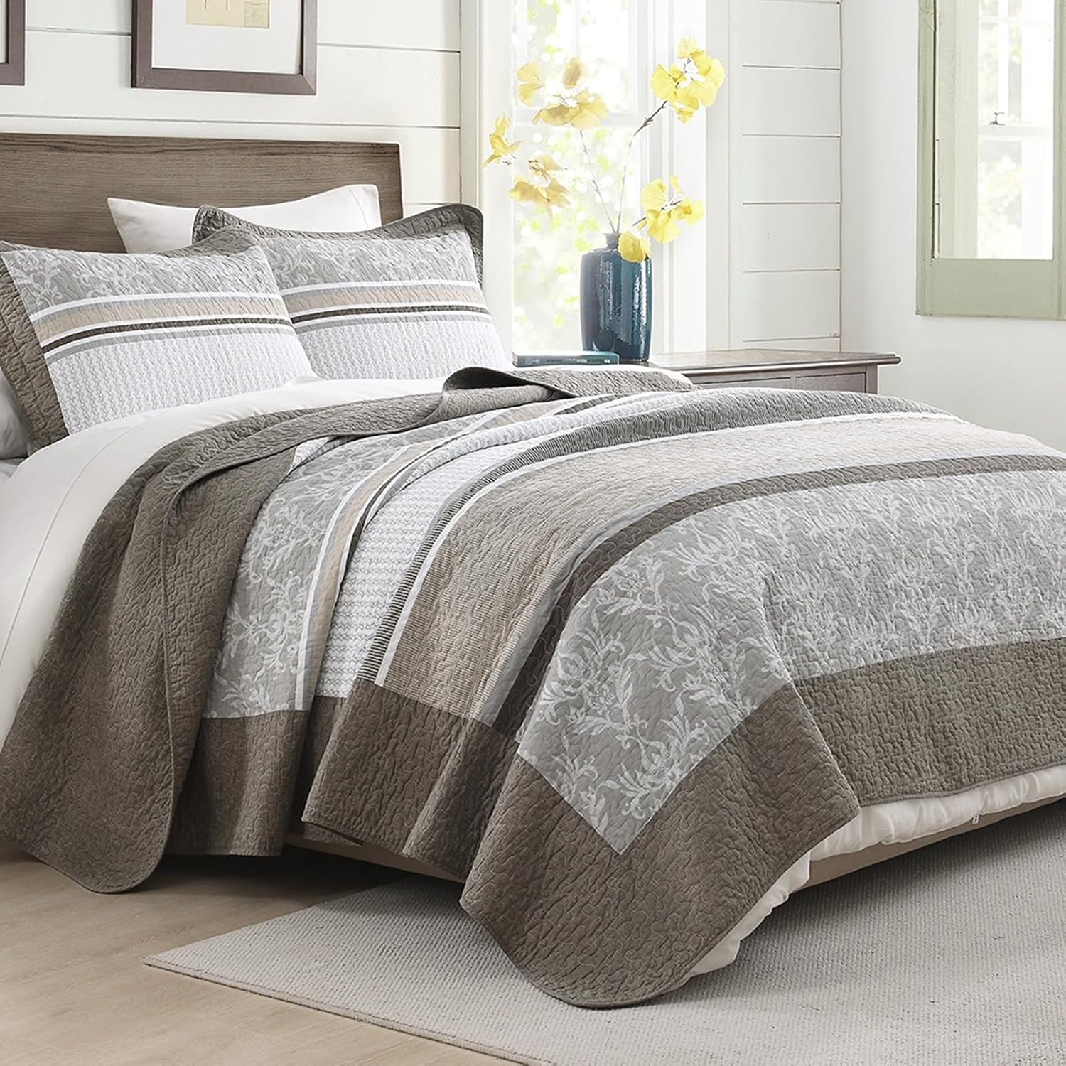 100% Cotton Quilt Set Queen Size - Reversible Quilted Comforter, Striped Botanical Queen Quilt Bedspread, Modern Lightweight Bedding for Queen Bed, 3pcs, Taupe/Gray/White - Image 2