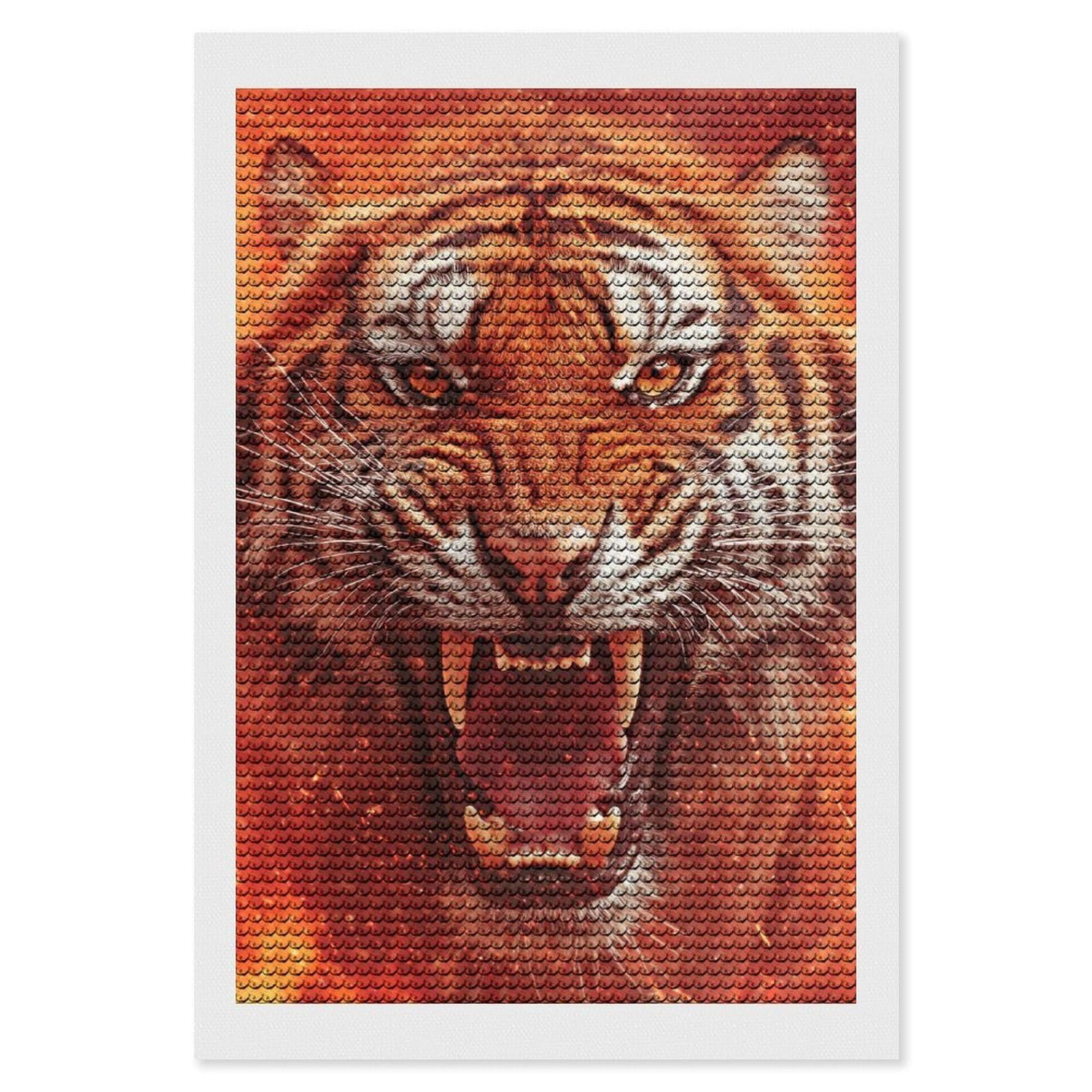 Junmoney Roaring Tiger Portrait in Fiery Hues Diamond Painting Canvas Set 8"x12", for Adults, Sparkling Round Gems, Thoughtful Handmade Gift, Modern Decor