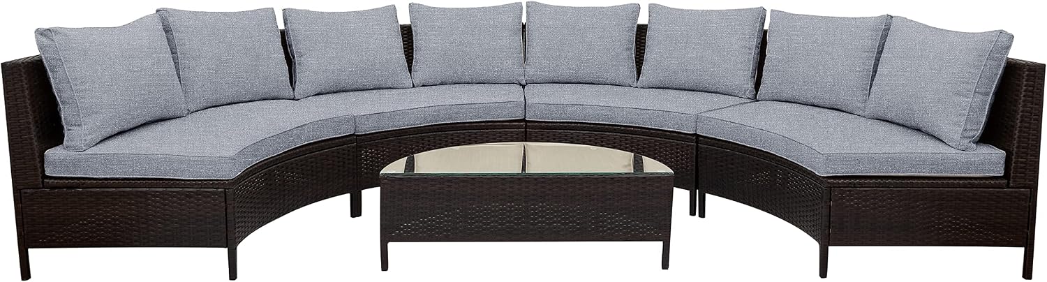 Merax Patio Conversation Set, 5 Pieces All-Weather PE Rattan Wicker Sofa Set, Half-Moon Outdoor Patio Sectional Sofa Set with Tempered Glass Table, Gray