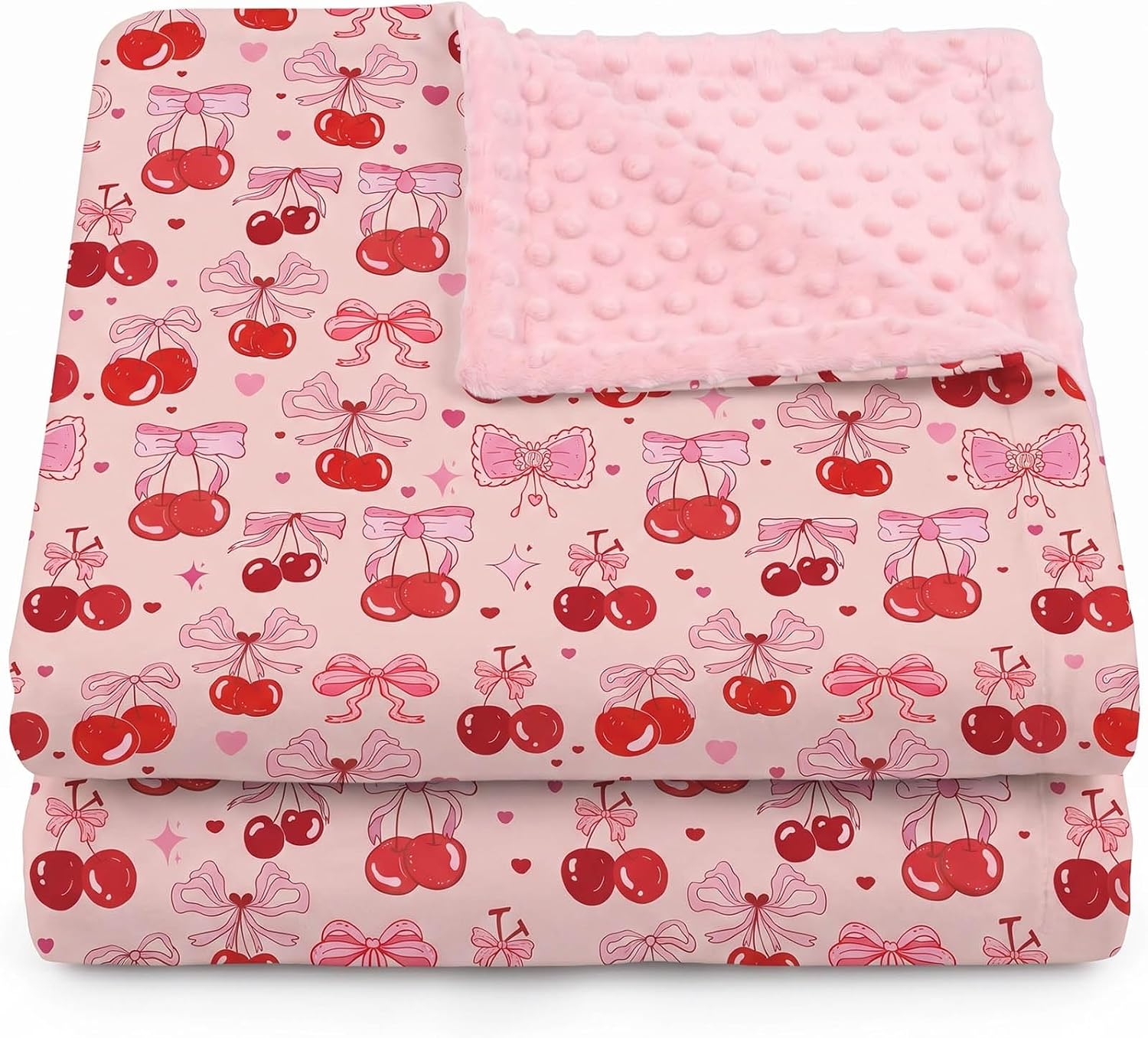 Cherry and Bows Minky Blanket, 30" x 40" Pink Bow with Layer Dotted Backing | Soft Minky Blanket , Nursery Bedding Swaddle for Newborns, Receiving Blanket
