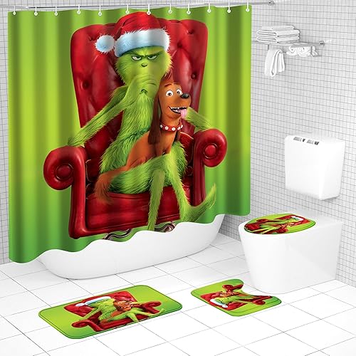 Miniatura 1 de Juego de 4 cortinas de ducha con alfombra antideslizante, cubierta para tapa de inodoro, tapete de baño y 12 ganchos, juego de cortina de ducha