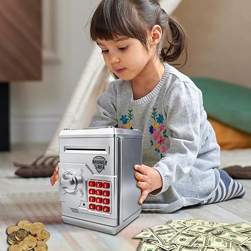 Miniatura 5 de HUSAN Alcancías para niños, código de contraseña electrónico, bancos de dinero, cajeros automáticos, caja de monedas para niños y niñas (plateado)