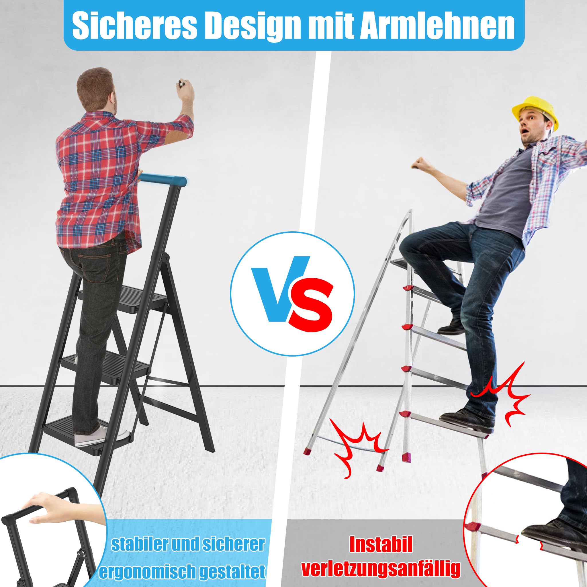 XMTECH Escabeau pliable à 3 marches avec main courante - Avec large pédale antidérapante - Charge maximale : 270 kg - Pour la maison, le bureau