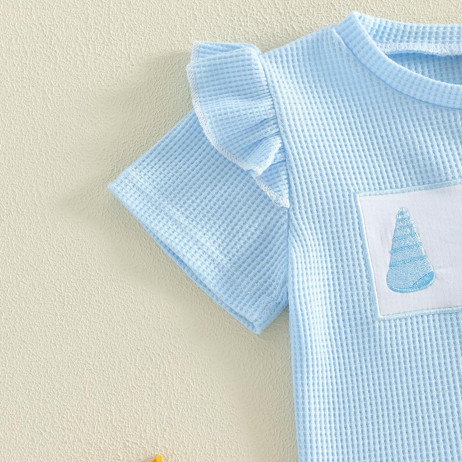 Toddler Girl Outfit Short Sleeve Embroidery Waffle Knit Shirt Top Flare Pants Set Baby Summer Clothes