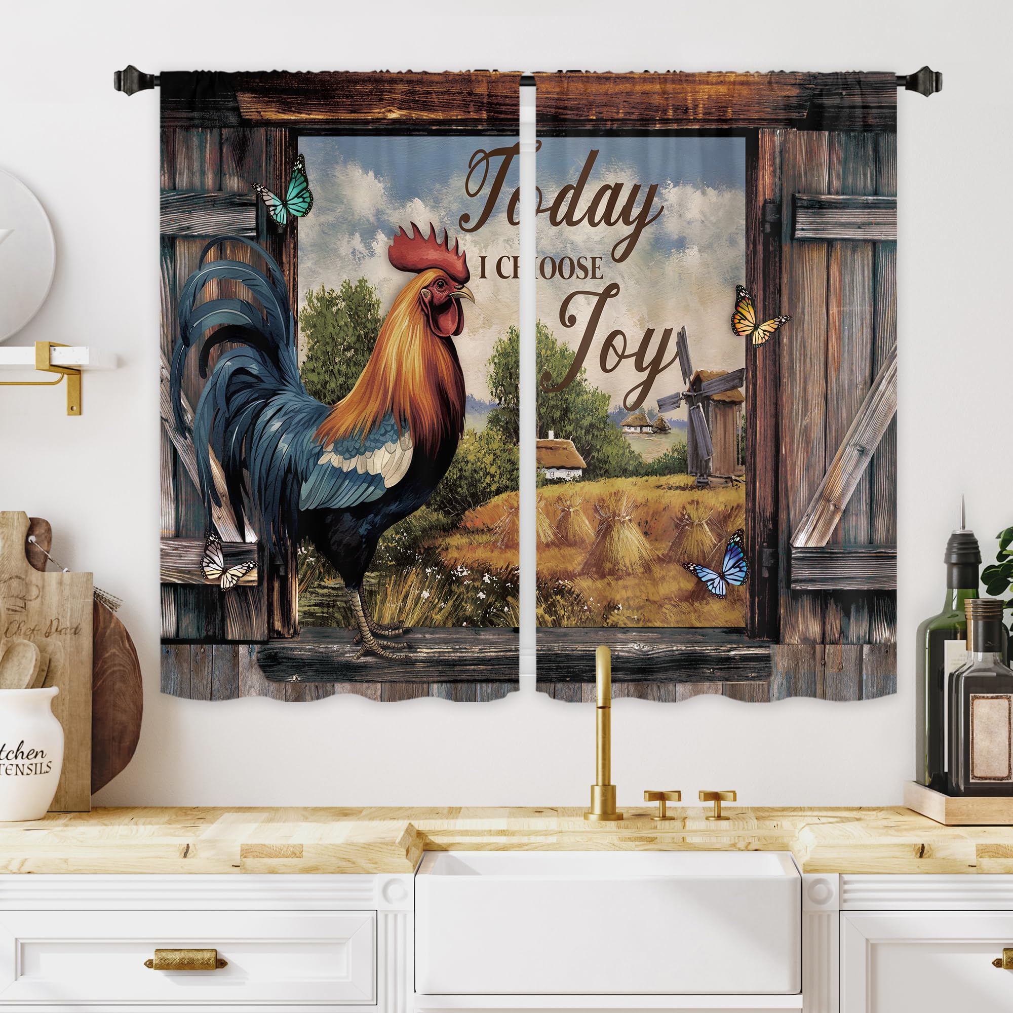 Miyotaa Rustic Farmhouse Chicken Kitchen Curtains 2 Panels 27.5W x 39H Rod Pocket Rooster Farm Barn Door Wooden Wood Retro Country Vintage Butterfly