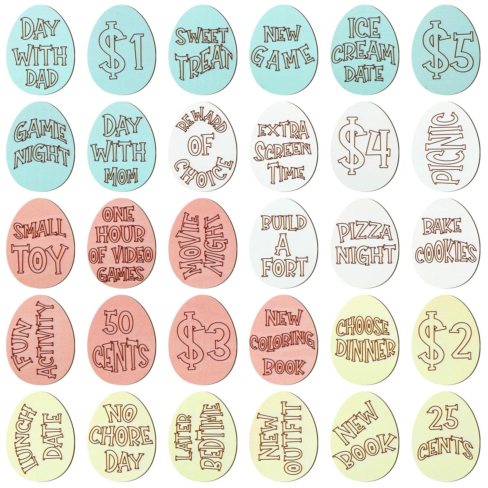 Menkxi 30 Pack Wooden Easter Egg Tokens Basket Stuffers Easter Reward Tokens with 30 Different Engraved Sayings Eggs Filled Activity for Teens Adults