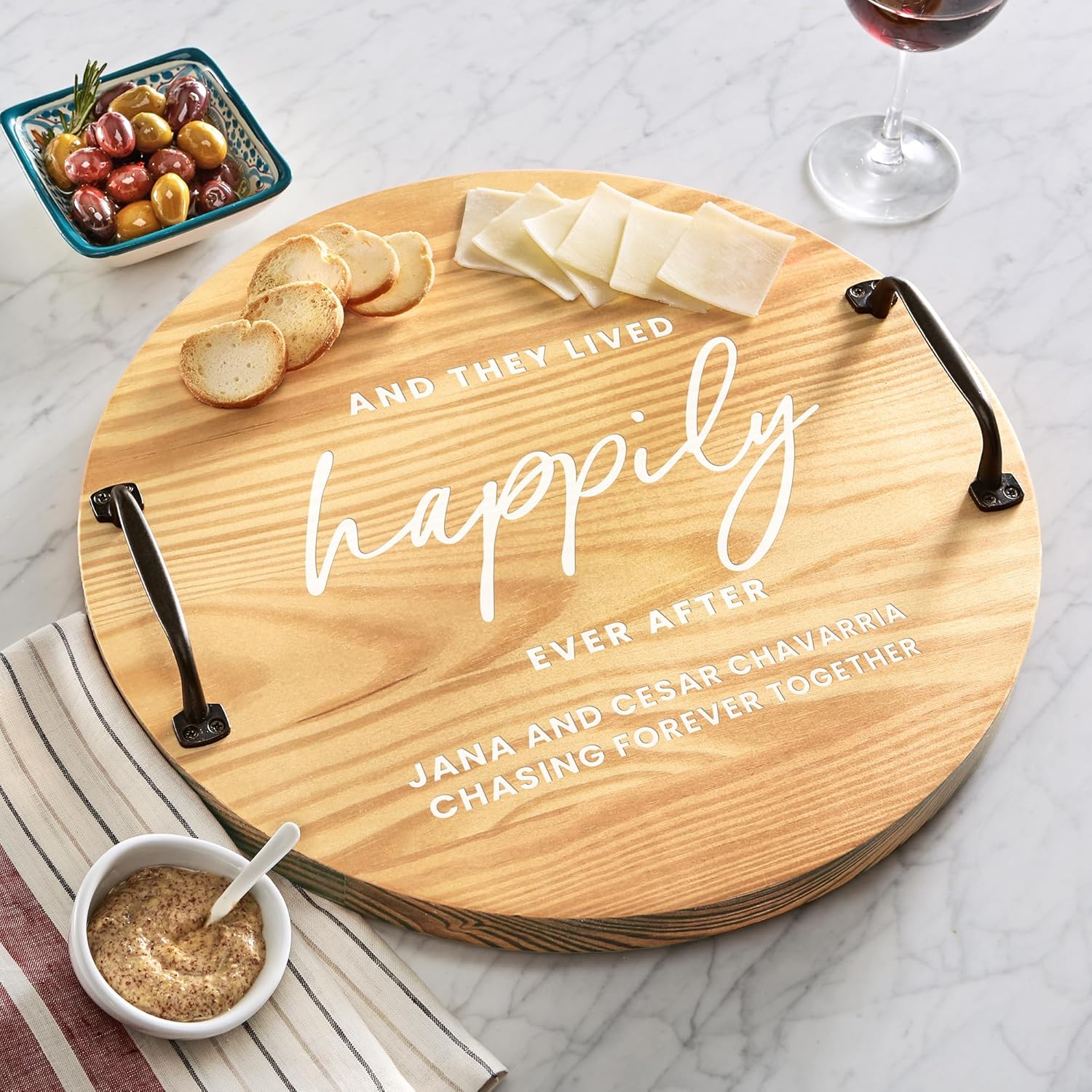 Let's Make Memories Personalized Wood Barrel Tray - Classic Pine - for Entertaining - Weddings - Newlyweds - Kitchenware - Optional Cheese Knife Set - Happily Ever After