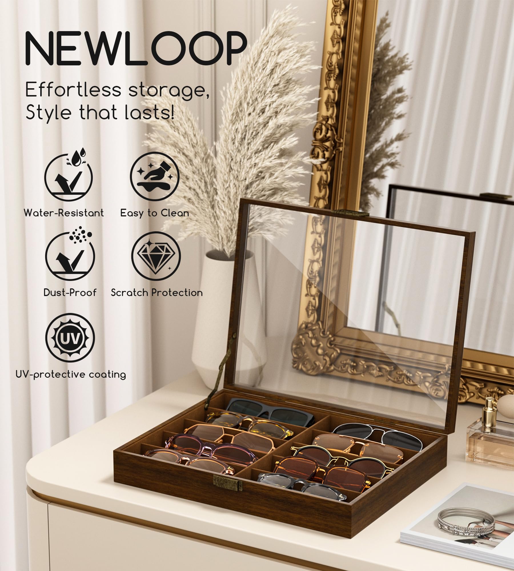 NEWLOOP Sonnenbrillen-Organizer mit 10/20/30 Fächern, für mehrere Brillen, breite Glasvitrine, Aufbewahrungsbox für Damen und Herren