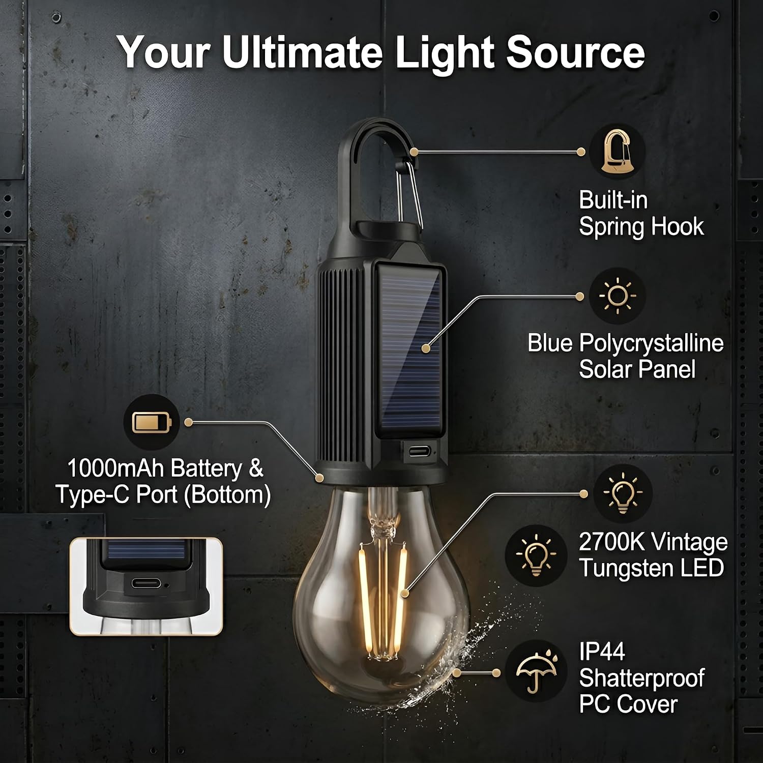 5-Pack Solar LED Camping Lantern - Rechargeable with Clip Hook | Ideal for camping, hiking, and BBQs. Emergency bulb with bright LED. Portable and waterproof for outdoor use.