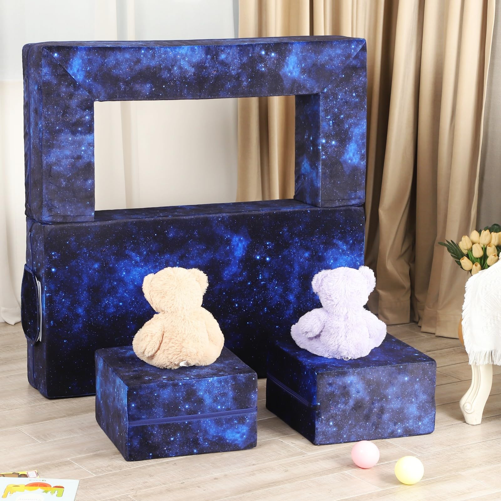 MOMCAYWEX 3-in-1 Kids Play Couch for Toddler, Imaginative Dark Blue Universe