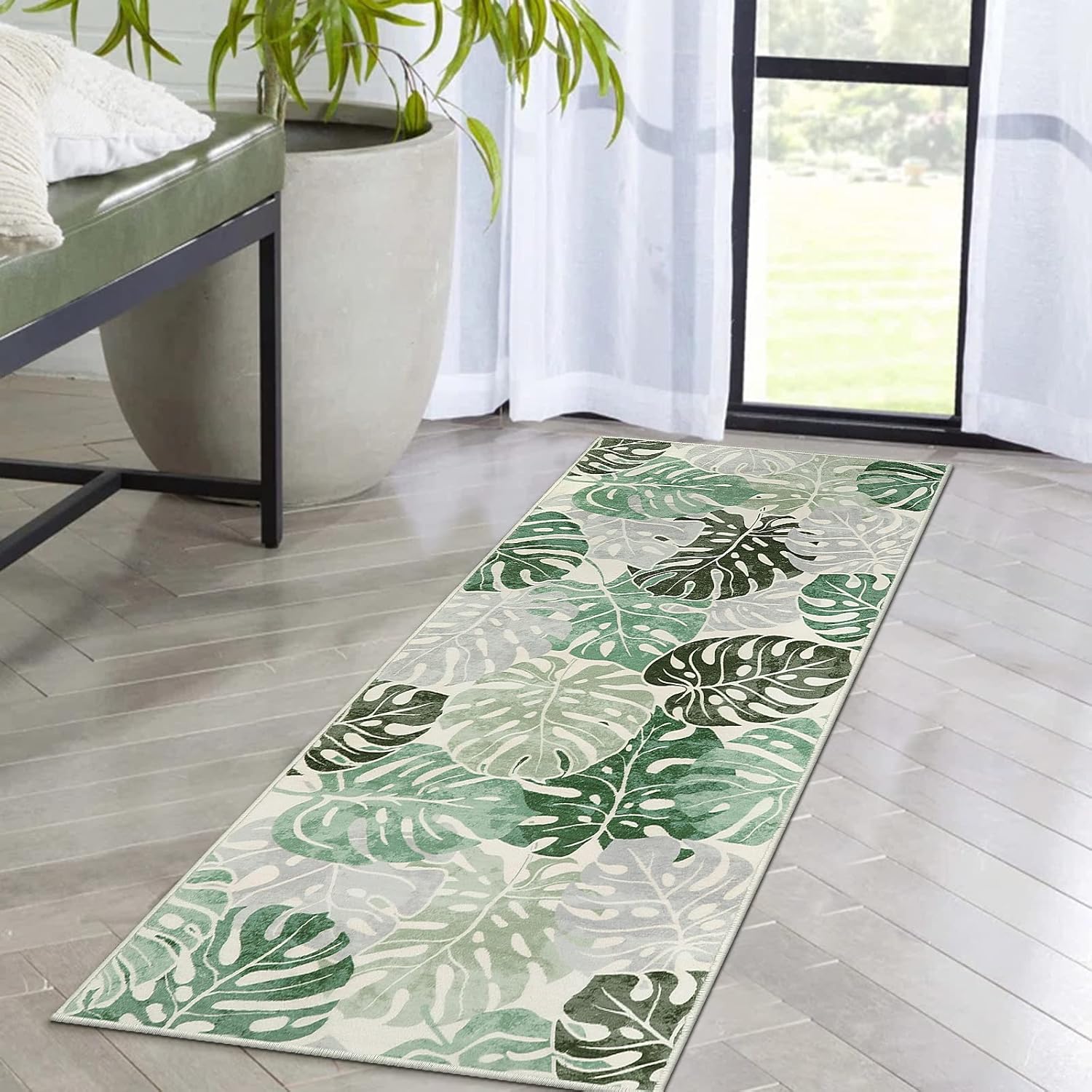 Lanffia Leaves Rug Runner 2x5,Washable Green Hallway Runner