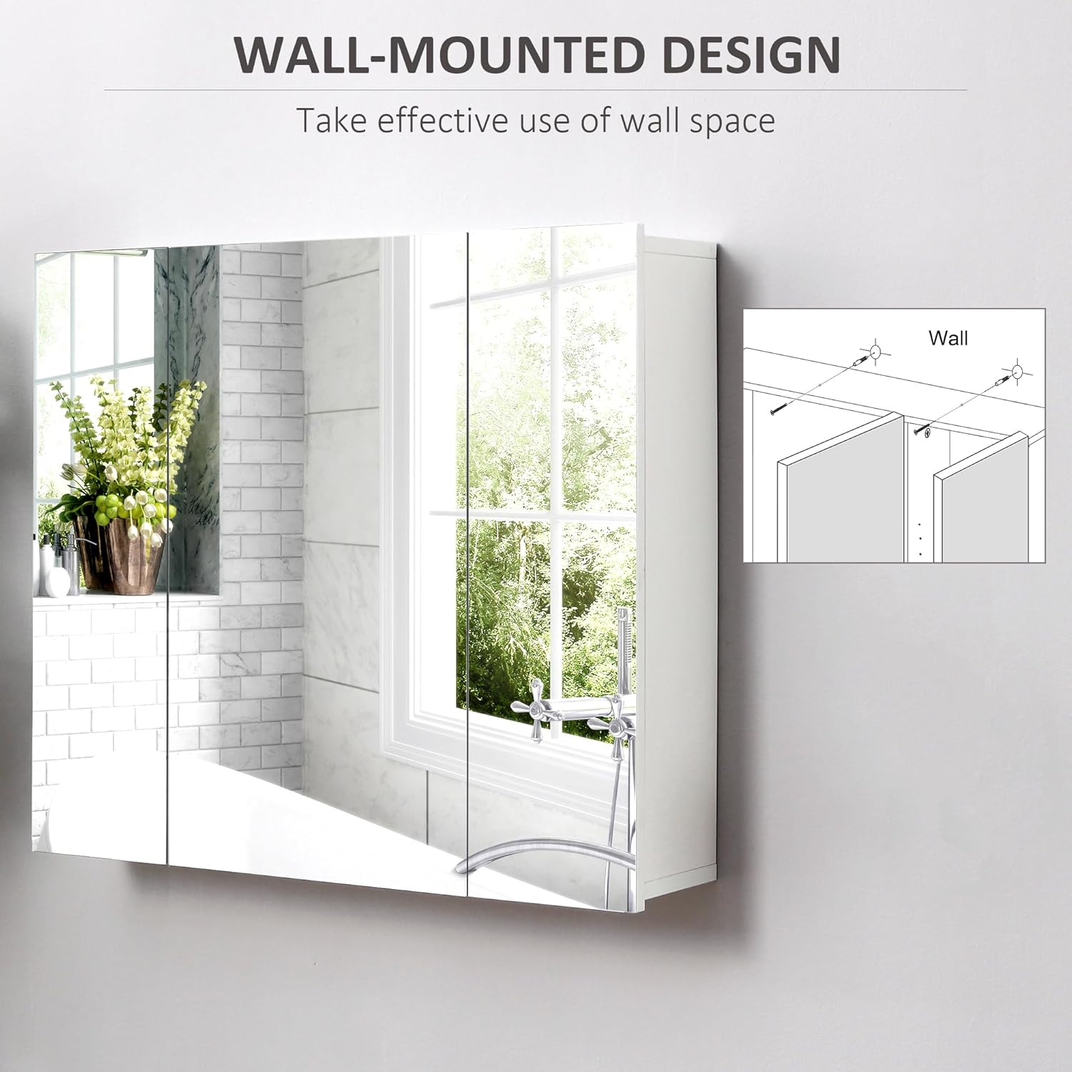 kleankin Bathroom Medicine Cabinet with Mirror, Wall Mounted Bathroom Mirror Cabinet with 3 Doors, Adjustable Shelves, White