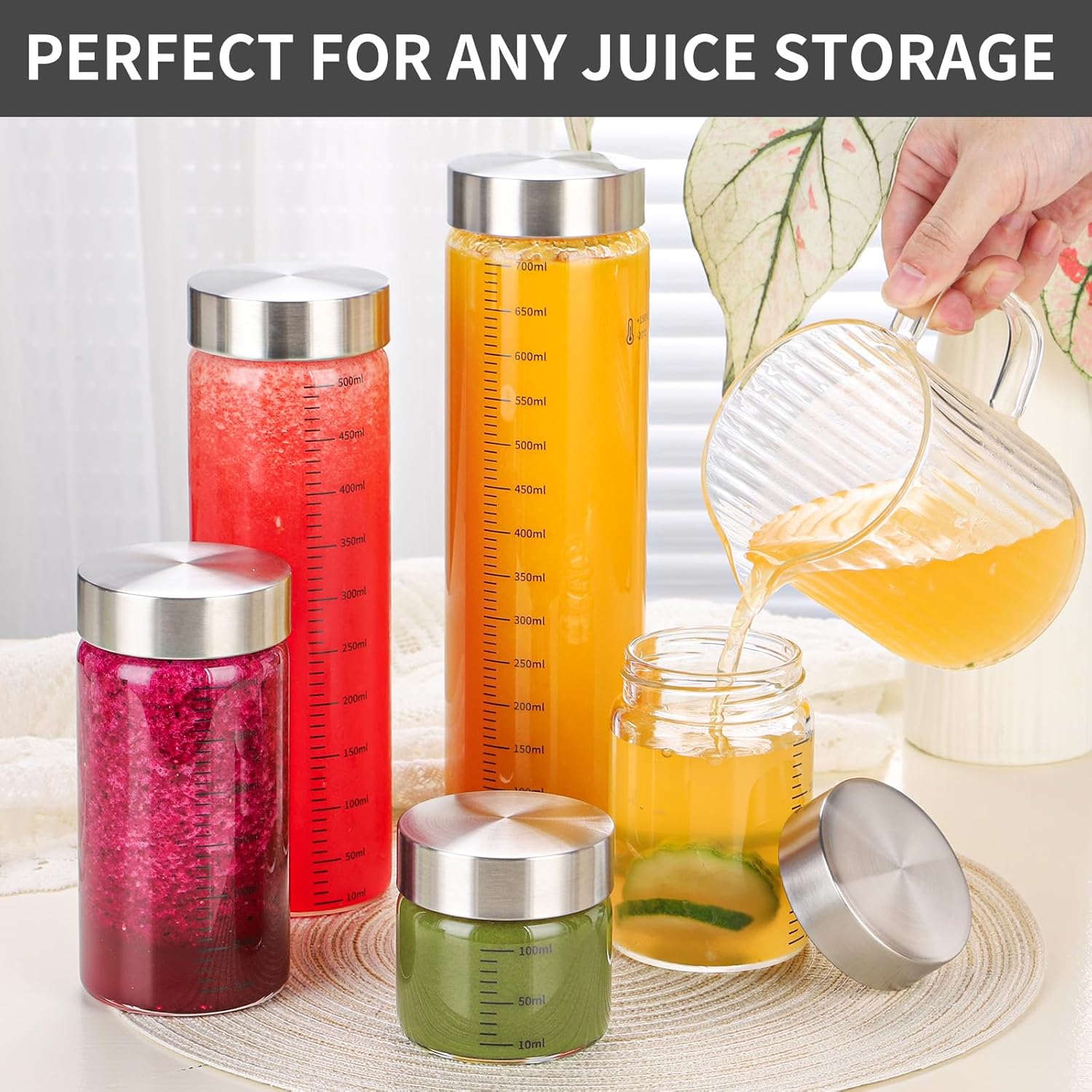 25 Oz Glass Juice Bottles, 4 Pack Glass Bottles with Lids, BPA Free, Borosilicate Glass, Leak Proof Lids for Juicing, Smoothies, Infused Water, Beverage Storage, Shaker Bottles - Image 3