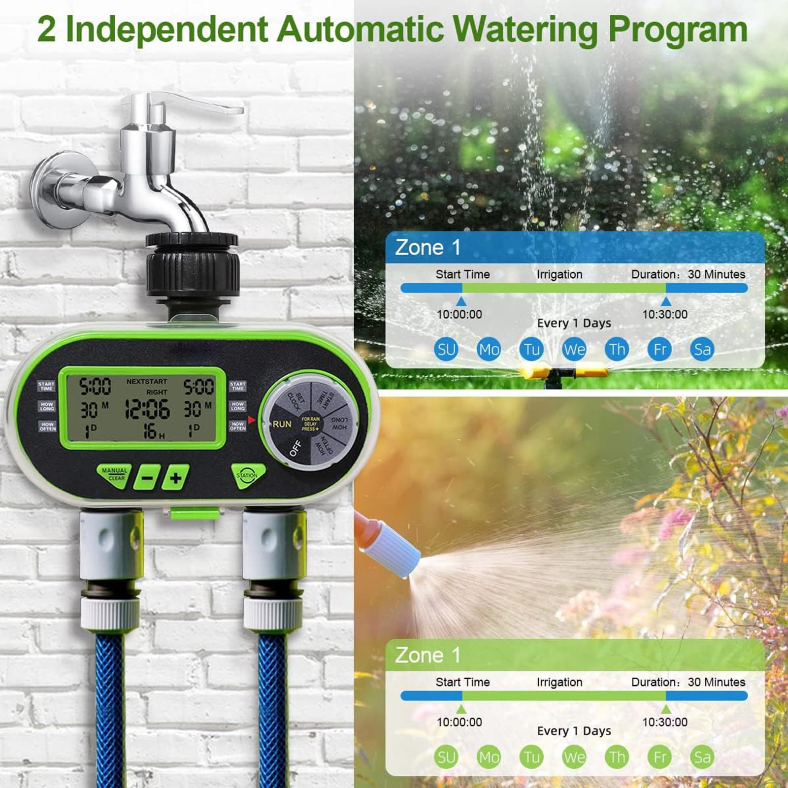 Timer di irrigazione automatico per fiori, con display LCD e impostazioni di irrigazione personalizzabili, efficiente dispositivo di irrigazione a due sezioni per giardini domestici