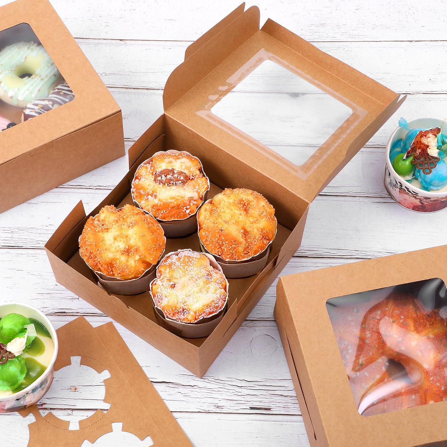50 PCS Window Cupcake Boxes 4 Count, 6.3x6.3x3 Inch Muffin Boxes with Clear PET Lid & Paperboard, Disposable Bakery Containers for Pastries Cookies Desserts