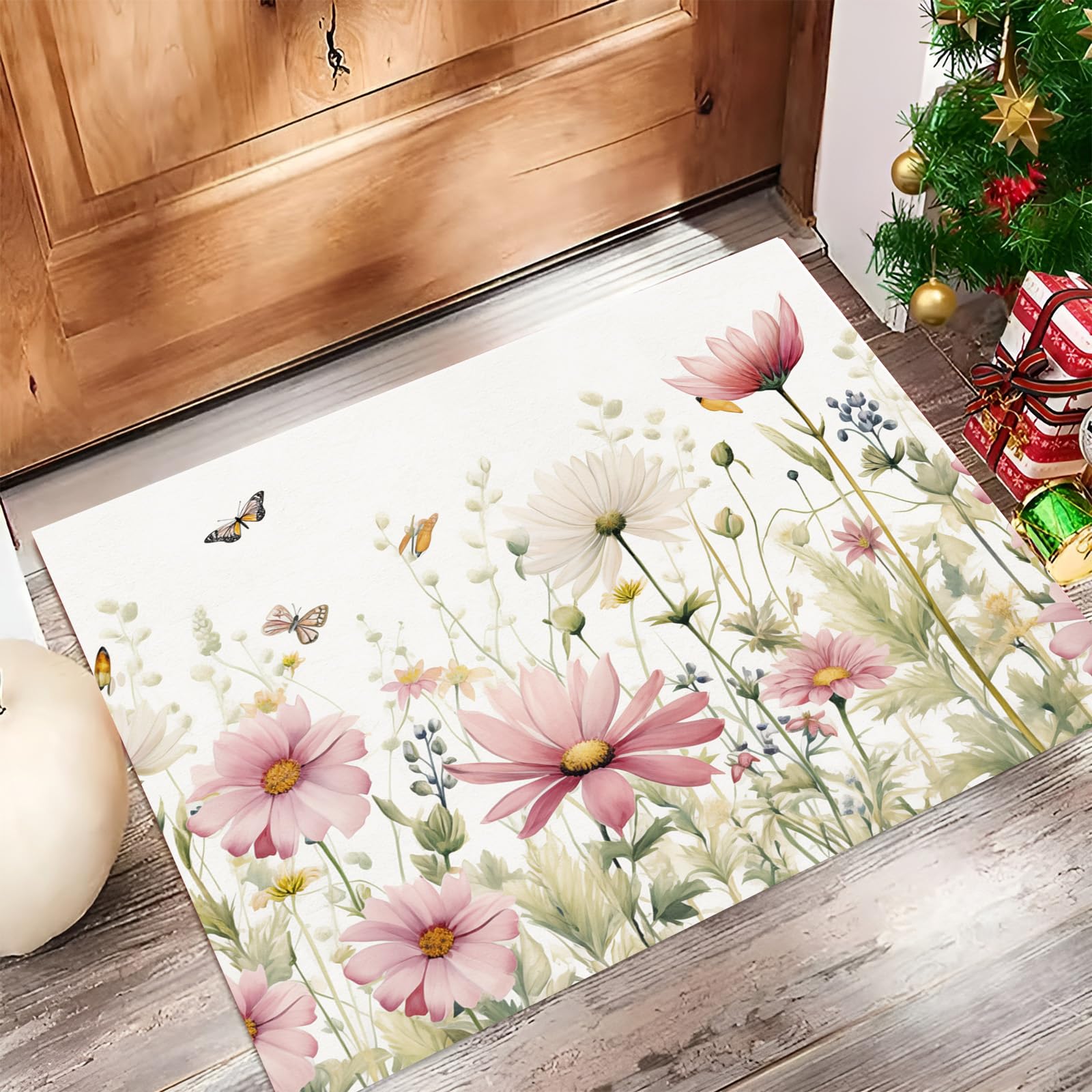 Paillasson Intérieur 50x80cm Marguerites Tapis d'Entrée Beige Absorbant pour Couloir