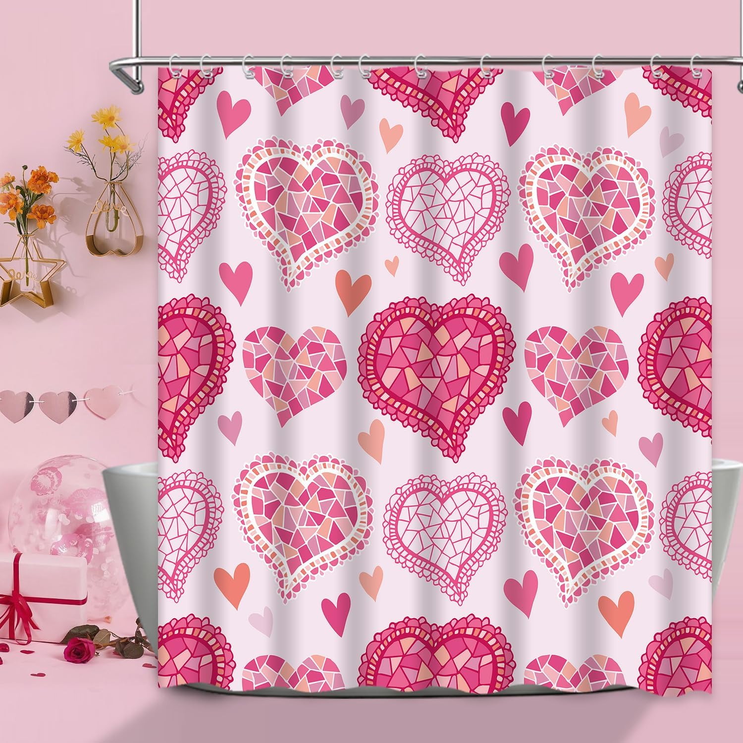 Valentine's Day Shower Curtain Shiny Cute Love Pink Hearts